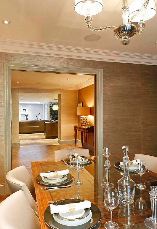 Chandelier With Shade Metal Chandelier With White Lamp Shade Hanged On Ceiling Above Dining Table With Cutlery Set Of Contemporary Wilton Place Townhouse Interior Design Classic Contemporary Townhouse With Blend Interior Design Style