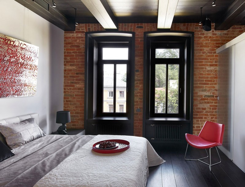 Bedroom With And Minimalist Bedroom With Wide Bed And White Quilt Near Pink Chair In The Apartment Renovation In Moscow Interior Design Elegant Contemporary Ideas For Interior Of Modern Studio Flat In Red And White Color