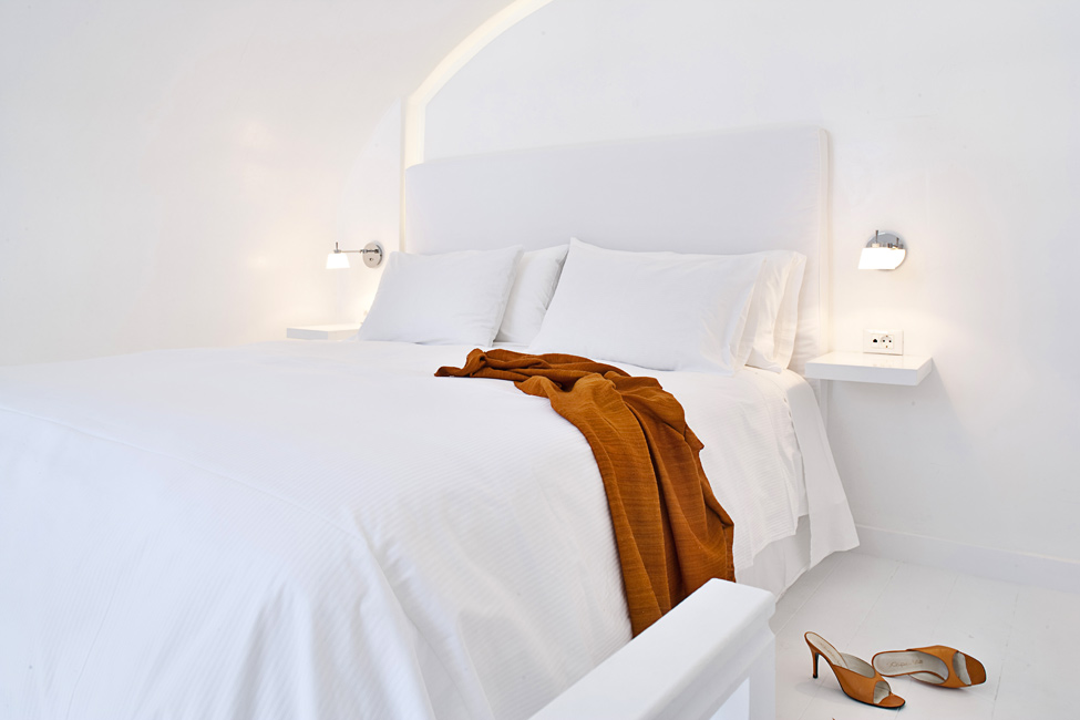 Design Of In Minimalist Design Of Katikies Hotels In Oia Suite Room With Modern White Bedding Applied Soft Headboard Ideas Interior Design  Classy And Elegant White Home With Breathtaking Panoramic Sea Views