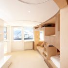 Kids Bedroom Cabin Minimalist Kids Bedroom In The Cabin House With Wooden Bunk Bed And Brown Sofa Under White Ceiling Interior Design Stylish And Contemporary Cabin Interior For Your Family