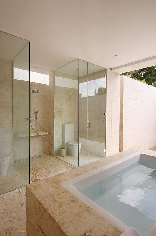 Yet Exotic Villa Minimalist Yet Exotic Bathing Space Villa Decoration Applies The Transparent Glass Cover And Yellowish Floor In Dominican Republic Interior Design Exotic Modern Villa Design With Beautiful Living Room In Santo Domingo