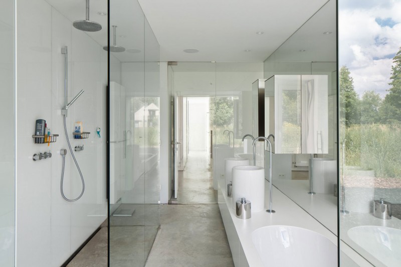 Bathroom With And Modern Bathroom With White Sinks And White Vanity Near The Glass Shower Space In House VMVK Dream Homes  Chic Modern Belgian House With Elegant Interior Designs