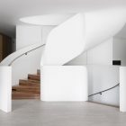 Staircase Inside L Modern Staircase Inside The Villa L With Wooden Footings And Long Iron Handrail Near White Balustrade Dream Homes Stunning Duplex Modern House Surrounded By Green Tree And Lawn Made From Concrete Material