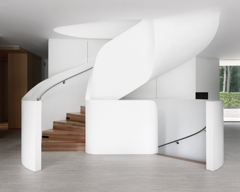 Staircase Inside L Modern Staircase Inside The Villa L With Wooden Footings And Long Iron Handrail Near White Balustrade Dream Homes Stunning Duplex Modern House Surrounded By Green Tree And Lawn Made From Concrete Material