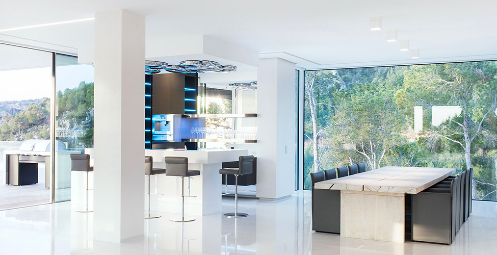 Dining Space Several Outstanding Dining Space Design With Several Black Colored Chairs And White Colored Pillar Made From Concrete Decoration Fabulous Modern Villa In Spain With White Living Room Appearance