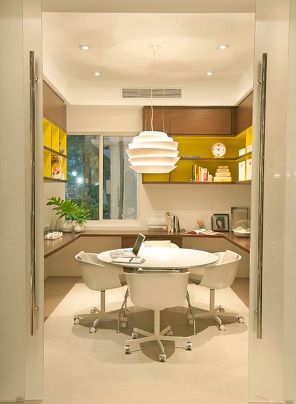 Cream Nuance Office Remarkable Cream Nuance Of Home Office Space For Entire Family With Warm Hues And Translucent Doors Included Yellow Backsplash And Great Chandelier Office & Workspace Elegant And Modern Home Office Design For A Stylish Working Space
