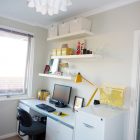 Home Interior White Remarkable Home Interior Design Including White Work Space With Yellow Splashes On The Desk Lamp Also Black Swivel Chair On Brown Marble Flooring Office & Workspace Stunning Cool Workspace Designs For Your Cozy Office Room (+9 New Images)