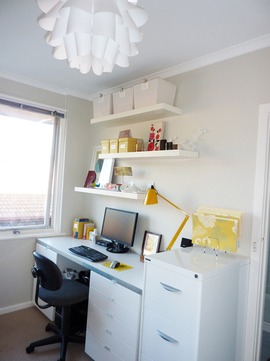 Home Interior White Remarkable Home Interior Design Including White Work Space With Yellow Splashes On The Desk Lamp Also Black Swivel Chair On Brown Marble Flooring Office & Workspace Stunning Cool Workspace Designs For Your Cozy Office Room