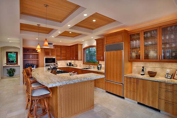 Kitchen In Makena Simple Kitchen In The Hale Makena Maui Residence With Wooden Island And Rattan Stools Facing Wooden Cabinets Dream Homes Luxurious Modern Villa With Beautiful Swimming Pool For Your Family