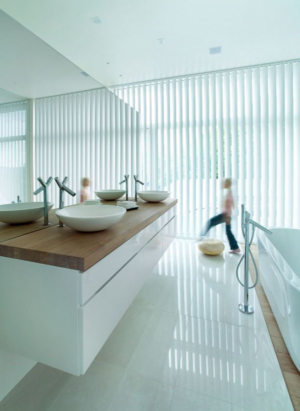 White Round On Simple White Round Twin Sinks On Wooden Frame Of Bathroom In Villa G By Saunders Architecture Installed On White Tiled Floor Hotels & Resorts  Extraordinary Modern Villa Style With Dynamic Indoor Outdoors