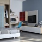 Combination Of Office Smart Combination Of Bedroom And Office Interior Featured With TV Studded Behind Workspace With Blue Chair Dream Homes Comfortable Living Room Space For An Elegant Modern Home Decoration