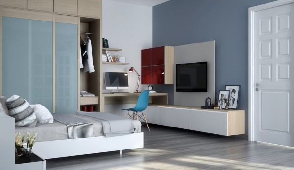 Combination Of Office Smart Combination Of Bedroom And Office Interior Featured With TV Studded Behind Workspace With Blue Chair Dream Homes Comfortable Living Room Space For An Elegant Modern Home Decoration