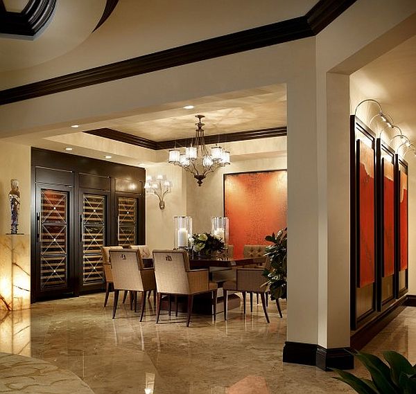 Looks Reflected Dining Stunning Looks Reflected In Classic Dining Room With Marble Flooring With Cream Chairs And Table Application Under Wrought Iron Chandelier And Red Board  Dazzling Wooden Floor Design For Shiny And Eco Friendly Interior