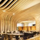 Textured Wall Ceiling Stylish Textured Wall And Mounted Ceiling Attached To Enhance BNQ CP Restaurant Interior With Dark Table Sets Restaurant Wonderful Modern Restaurant With Wooden Decoration Themes