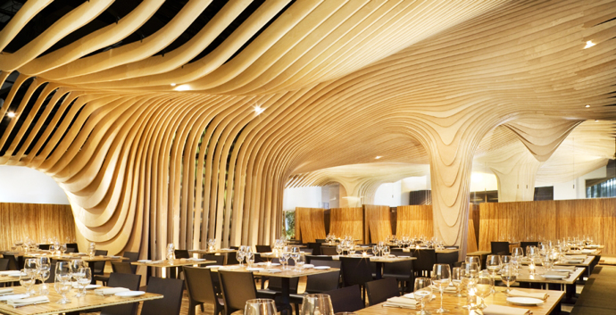Textured Wall Ceiling Stylish Textured Wall And Mounted Ceiling Attached To Enhance BNQ CP Restaurant Interior With Dark Table Sets Decoration Wonderful Modern Restaurant With Wooden Decoration Themes