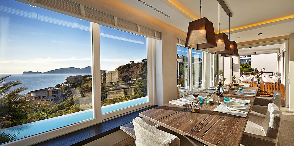 Dining Room Villa Traditional Dining Room In Mallorca Villa With View Applied Rustic Wood Dining Table And Upholstered Chairs Dream Homes  Luxurious Contemporary Mediterranean Villa With Sophisticated Interior Style