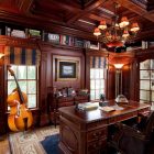 Home Office For Traditional Home Office Decorating Ideas For Men With Glaring Chandelier Above Wood Desk And Leather Swivel Chair Plaid Curtain French Window Office & Workspace Masculine Office Decoration Ideas For Men Who Live In Modern Lifestyle
