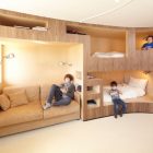 Bunk Beds Bedroom Unique Bunk Beds In Kids Bedroom In The Cabin House With Brown Sofa And Wooden Shelves Interior Design Stylish And Contemporary Cabin Interior For Your Family