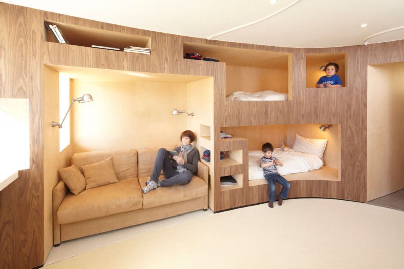 Bunk Beds Bedroom Unique Bunk Beds In Kids Bedroom In The Cabin House With Brown Sofa And Wooden Shelves Interior Design Stylish And Contemporary Cabin Interior For Your Family