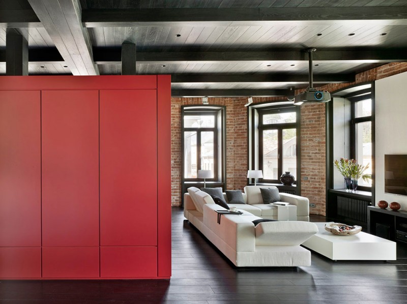 Pink Counter Renovation Wide Pink Counter In Apartment Renovation In Moscow Kitchen Near Long White Sectional Sofa And White Coffee Table Interior Design Elegant Contemporary Ideas For Interior Of Modern Studio Flat In Red And White Color