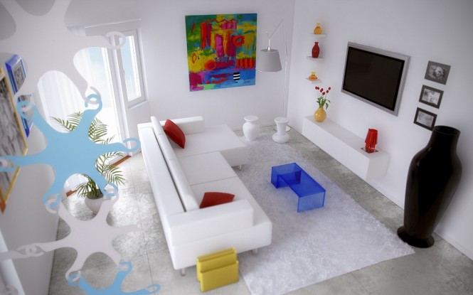 Living Rainbow In Wonderful Living Rainbow Design Interior In White Sofa Furniture In Modern Decor And Blue Coffee Table Design Ideas  Amazing Colorful Interior Design With White Palette And Beach Themes