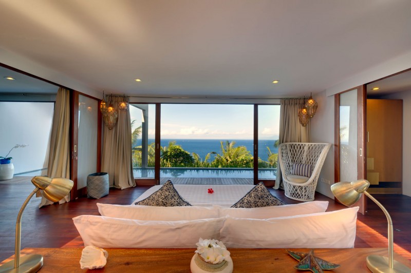 Blue Sea Right Adorable Blue Sea View Enjoyed Right In Front Of Malimbu Cliff Villa Indonesia Master Queen Bed With Patterned Pillows Dream Homes Amazing Modern Villa With A Beautiful Panoramic View In Indonesia