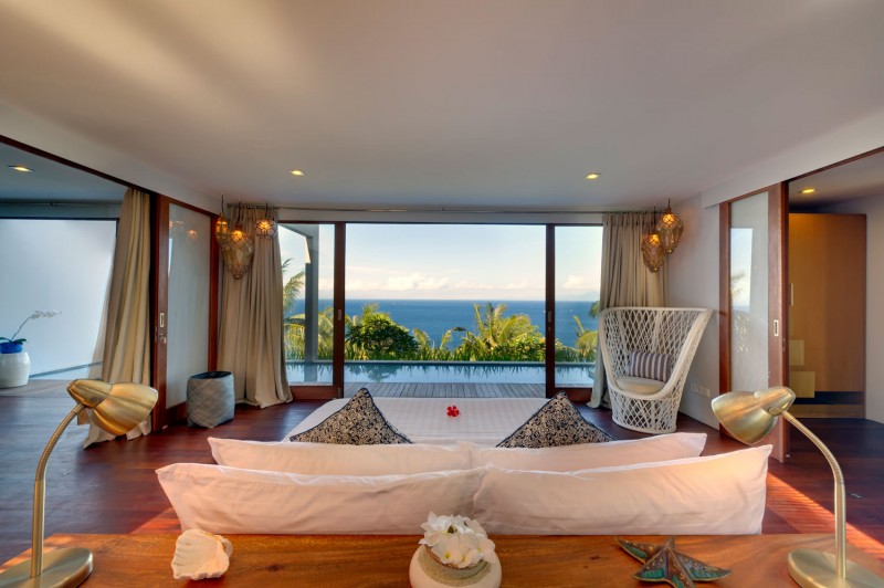 Blue Sea Right Adorable Blue Sea View Enjoyed Right In Front Of Malimbu Cliff Villa Indonesia Master Queen Bed With Patterned Pillows Dream Homes  Amazing Modern Villa With A Beautiful Panoramic View In Indonesia