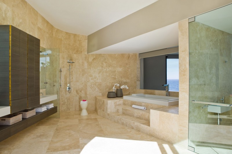 Tiled Marble Wall Adorable Tiled Marble Floor And Wall In Villa Kishti Residence For Bathroom With Wooden Cabinets And Decorative Pot Architecture Elegant Modern Villa Which Is Built In Stunning Big Style