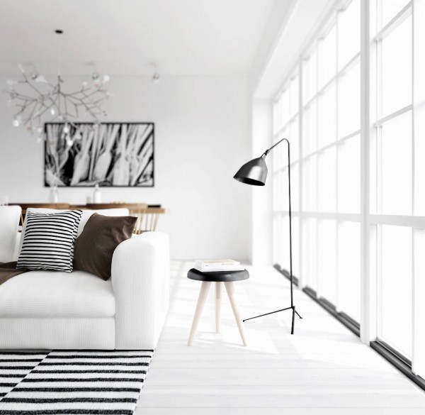 Atdesign Monochrome Style Appealing ATDesign Monochrome Living Nordic Style Involved Curved Standing Lamp Beside White Sofa And Wood Side Table Dream Homes Fancy Nordic Interior Concept In Beautiful Appearance Views