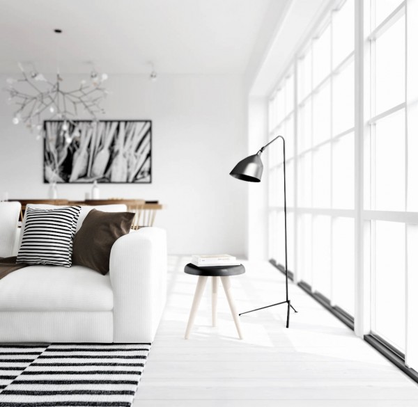 Atdesign Monochrome Style Appealing ATDesign Monochrome Living Nordic Style Involved Curved Standing Lamp Beside White Sofa And Wood Side Table Dream Homes  Fancy Nordic Interior Concept In Beautiful Appearance Views