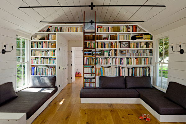 Attic Home Displayed Appealing Attic Home Library Design Displayed In White Rams Ceiling And Wall Included White Closet And Black Seats Interior Design  Nice Home Library With Stunning Black And White Color Schemes