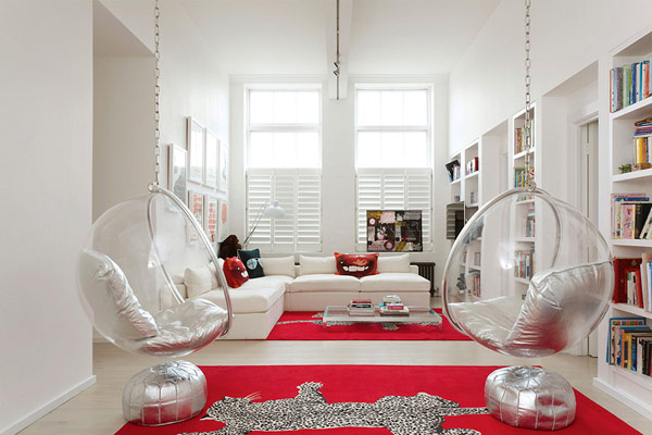 Bubble Glass In Appealing Bubble Glass Hanging Chairs In Modern London House Sitting Space With White Sectional Sofa And Red Carpets Dream Homes  Elegant Simple Interior Design Maximizing Bright White Color Scheme