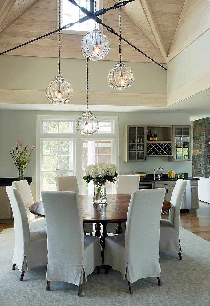 Dining Room Circular Appealing Dining Room Design With Circular Dark Wood Dining Table And Grey Covered Chairs At Falmouth Residence Marthas Vineyard Interior Design Fabulous Classic Interior Decoration With Surrounding Windows Design