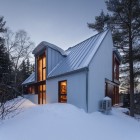 White Painted The Appealing White Painted Wall Of The Cabane Residence Design With Wooden Glass Windows And White Striped Roof Dream Homes Classic And Contemporary Country House Blending Light Wood And Glass Elements