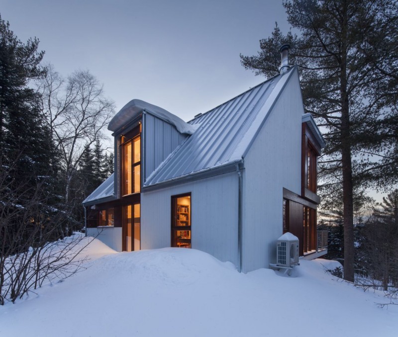 White Painted The Appealing White Painted Wall Of The Cabane Residence Design With Wooden Glass Windows And White Striped Roof Dream Homes  Classic And Contemporary Country House Blending Light Wood And Glass Elements