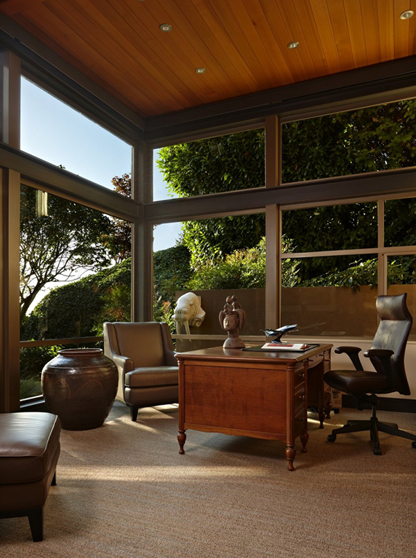 Ornaments In House Artistic Ornaments In The Lake House Office Space With Wooden Deck And Brown Chairs Facing Glass Walls Dream Homes Contemporary Lake House Integrates With Beautiful Natural Landscape