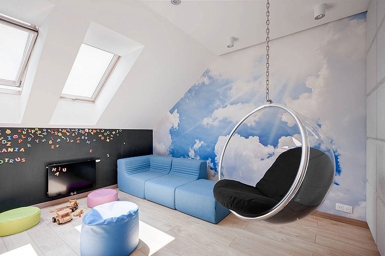 Kids Room Cloudy Astonishing Kids Room Design With Cloudy Sky Wallpaper At House Zabrze Widawscy Studio Decor With Hanging Chair Dream Homes Mesmerizing Contemporary Interior Design In Bright Decoration Style