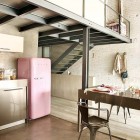 Kitchen Design Apartment Astounding Kitchen Design Of Stunning Apartment With Soft Pink Colored Refrigerator And Dark Colored Concrete Floor Interior Design Admirable Vintage Interior Revels In Two Levels Loft Apartments