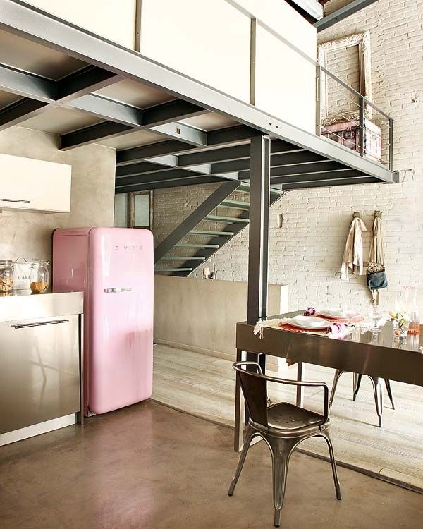 Kitchen Design Apartment Astounding Kitchen Design Of Stunning Apartment With Soft Pink Colored Refrigerator And Dark Colored Concrete Floor Interior Design Admirable Vintage Interior Revels In Two Levels Loft Apartments