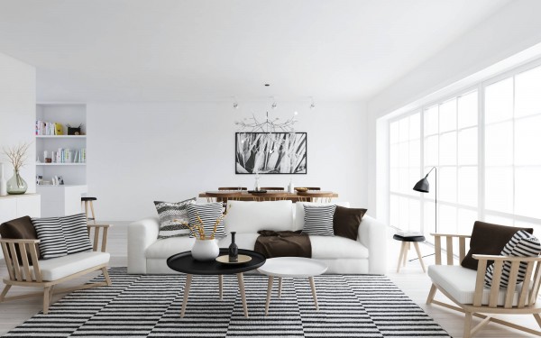 Atdesign Nordic In Attractive ATDesign Nordic Style Living In Monochrome Furnished White Sofa And Wood Padded Chairs On White Black Carpet Dream Homes  Fancy Nordic Interior Concept In Beautiful Appearance Views