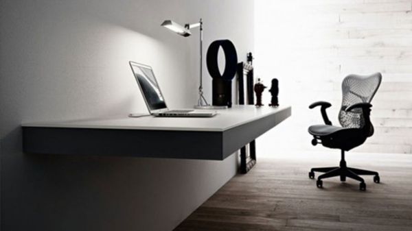 Ergonomic Home Idea Awesome Ergonomic Home Office Design Idea With Minimalism In Gray With Floating White Desk Black Wheel Chairs Black Desk Ornaments And Table Lamp Office & Workspace Adorable Home Office Design Find Your Own Style