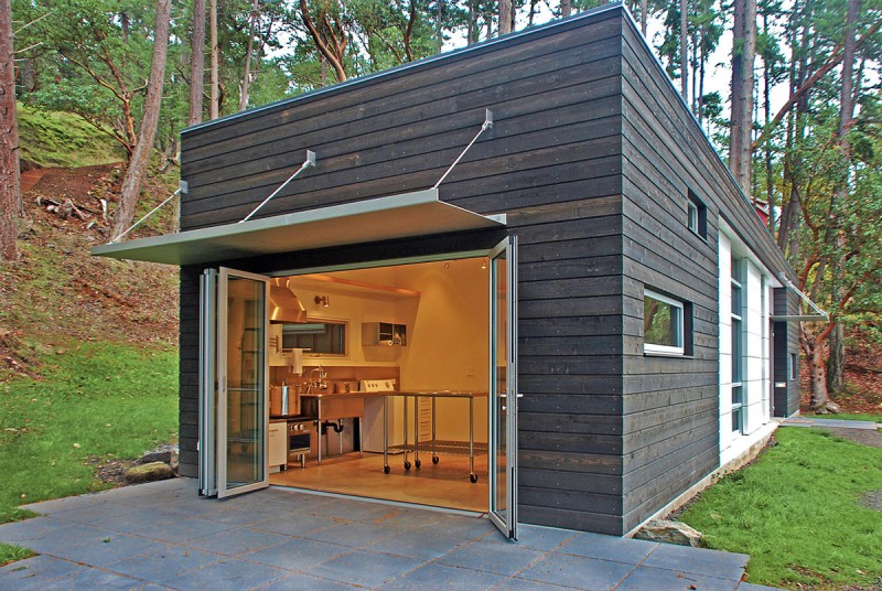 Kitchen View Weaving Awesome Kitchen View Inside The Weaving Studio Seen From The Open Terrace With Wide Grey Pergola Office & Workspace Impressive Home Office With Guest Bedroom And Glass Windows