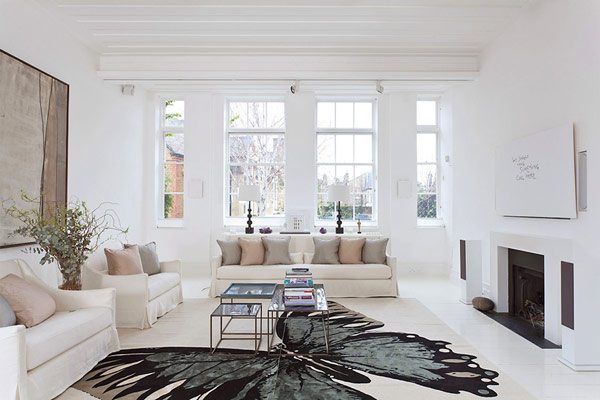 Butterfly Pattern Wide Beautiful Butterfly Pattern On The Wide Carpet In Modern London House Living Room With White Sofas Dream Homes Elegant Simple Interior Design Maximizing Bright White Color Scheme