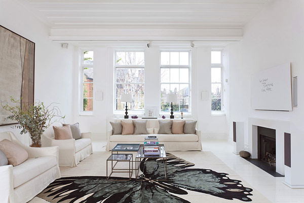 Butterfly Pattern Wide Beautiful Butterfly Pattern On The Wide Carpet In Modern London House Living Room With White Sofas Dream Homes  Elegant Simple Interior Design Maximizing Bright White Color Scheme