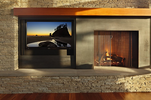 Details In House Beautiful Details In The Lake House Living Room With Wide Fireplace And Hidden TV Shelf Near Stone Wall Dream Homes  Contemporary Lake House Integrates With Beautiful Natural Landscape