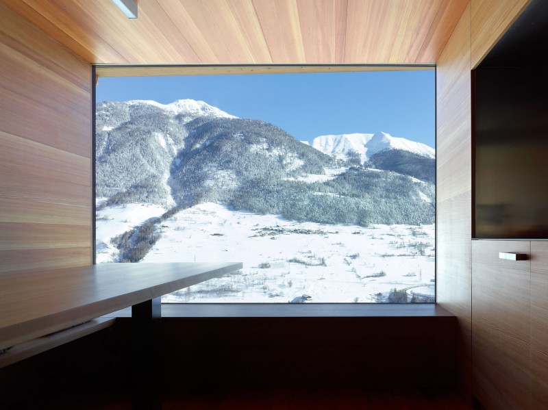 Snow Mountain From Beautiful Snow Mountain Views Seen From The Glass Windows Of The Boisset House Furnished Wooden Striped Wall And Floor Interior Design  Beautiful Minimalist Cabins That Make Gorgeous Holiday Homes