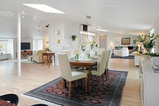 A Square And Beautiful Square Brown Table And White Chairs On The Square Carpet In Minimalist Swedish Residence Dream Homes Modern Swedish Interior Design In Simple Residence Style