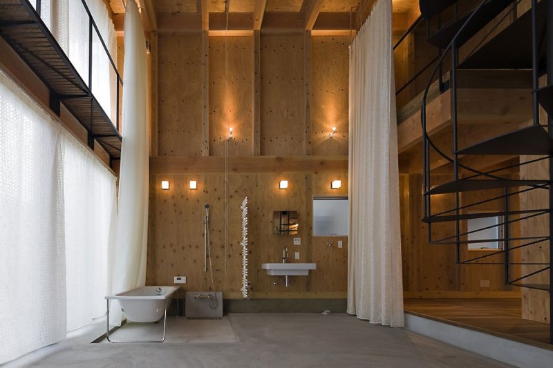 Bathroom Space House Breathtaking Bathroom Space Design Of House In Waga Zaimokura With White Ceramic Bathtub And Soft Brown Wall Made From Wooden Material Dream Homes  Stunning Cantilevered House With Sophisticated And Natural Wooden Interiors