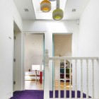 White Blue Pendant Charming White Blue Orange Yellow Pendant Lamp Hanging Near White Wooden Railing And Purple Carpet On The Floor Chevron Residence Dream Homes Elegant And Vibrant Interior Design For Stunning Creative Brick House