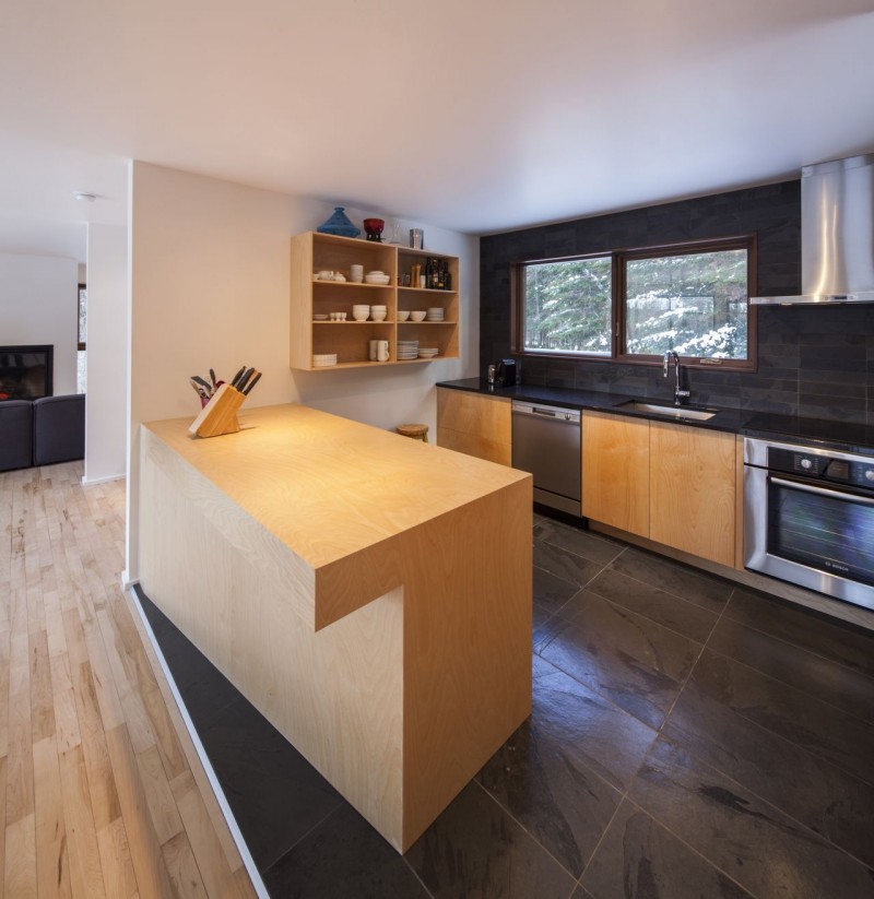 Wooden Island Top Charming Wooden Island And Counter Top Completed With Iron Faucet And Wooden Open Cabinets For Kitchen Of The Cabane Residence Design Dream Homes  Classic And Contemporary Country House Blending Light Wood And Glass Elements